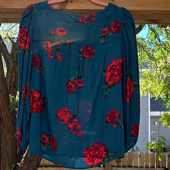 Anthropologie Maeve Kalas Henley 3/4 Sleeve Teal Floral Blouse Medium - Picture 7 of 16